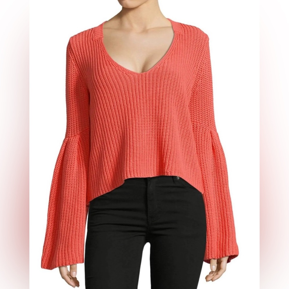 Free People Damsel Bell Sleeve Ribbed Knit Cropped Coral Orange Sweater